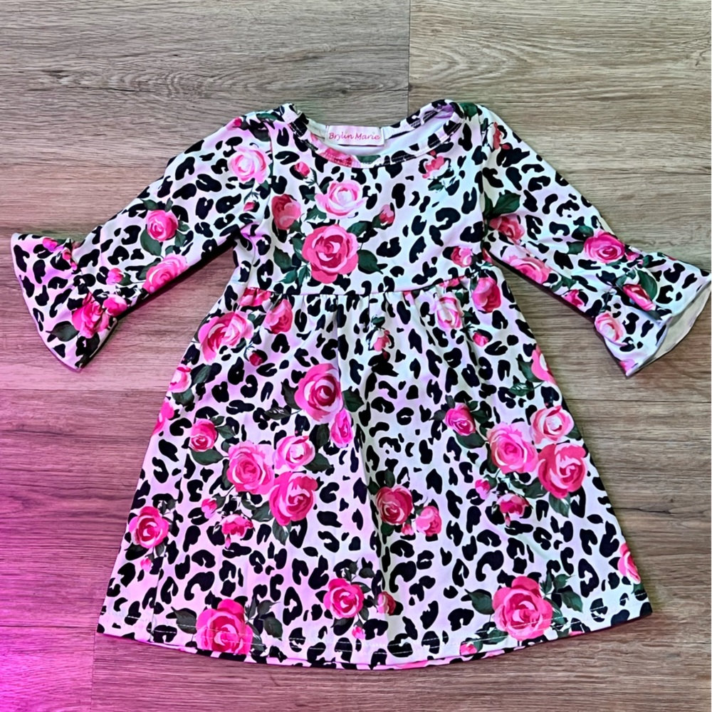 Brylin Marie Boutique, Snow Leopard & Pink Long Sleeve Dress, size 0-3 months.